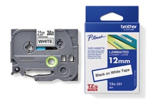 Tape til maskin, TZE231 12MM TAPE SORT PÅ HVIT