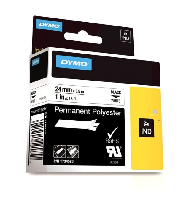 Tape til maskin, RHINO PERM.POLY. 24MM SORT/HVIT