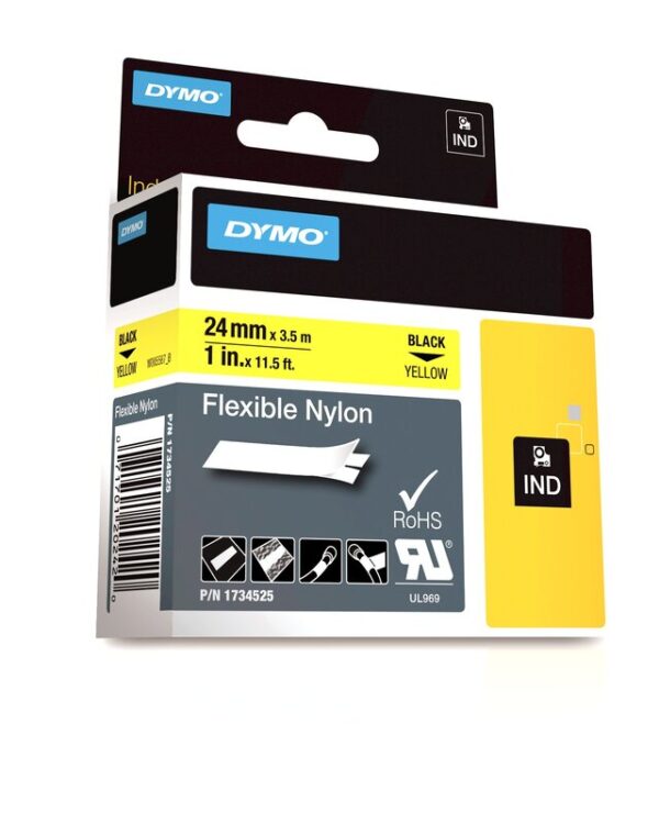 Tape til maskin, RHINO FLEKSIBEL NYLON 24MM SORT/GUL