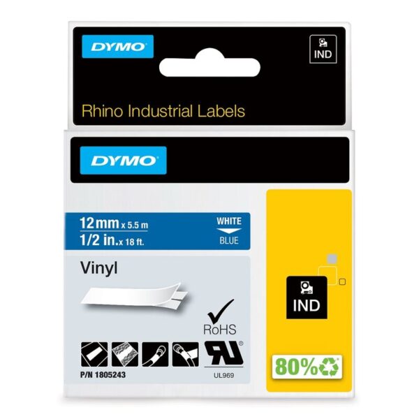 Tape til maskin, RHINO PERM.VINYL 12MM HVIT/BLÅ
