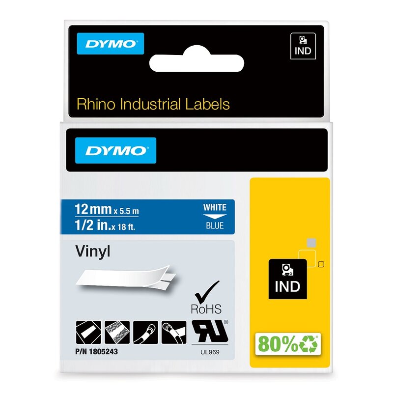 Tape til maskin, RHINO PERM.VINYL 12MM HVIT/BLÅ - Bilde 1
