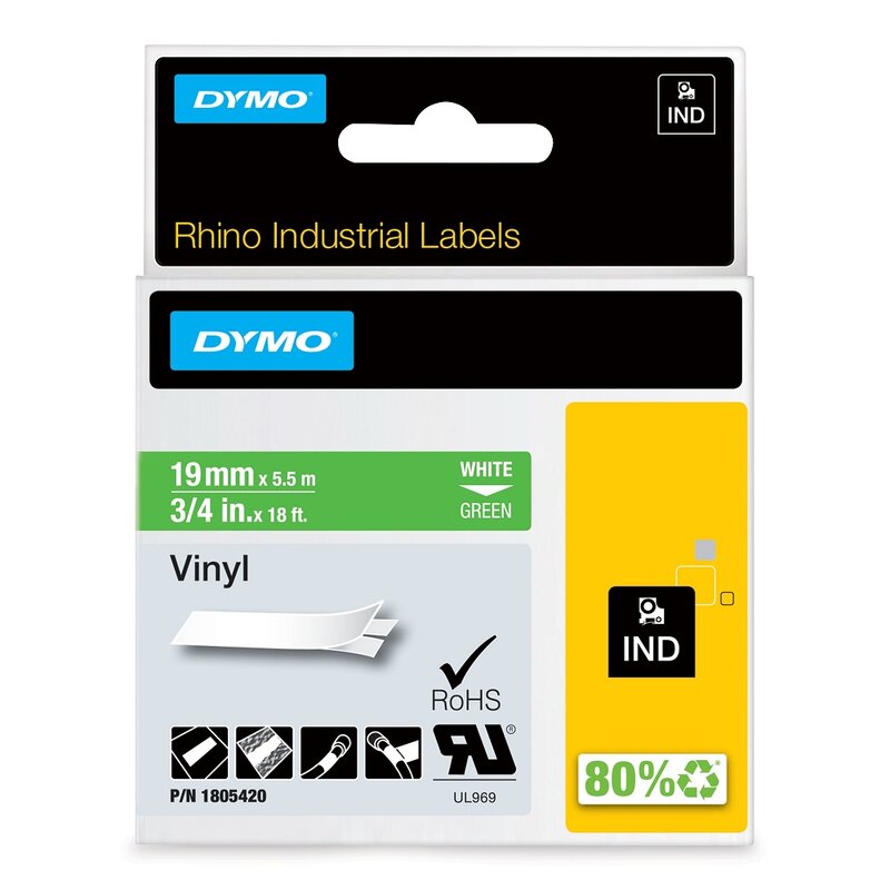 Tape til maskin, RHINO PERM.VINYL 19MM HVIT/GRØNN - Bilde 1