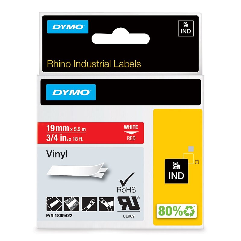 Tape til maskin, RHINO PERM.VINYL 19MM HVIT/RØD - Bilde 1