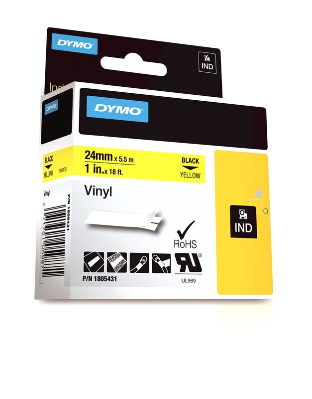 Tape til maskin, RHINO PERM.VINYL 24MM SORT/GUL - Bilde 1