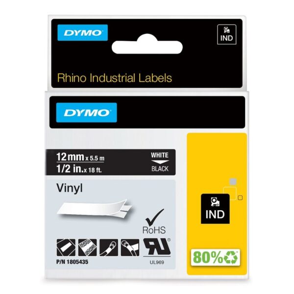 Tape til maskin, RHINO PERM.VINYL 12MM HVIT/SORT