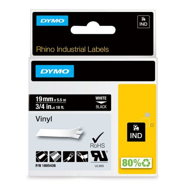 Tape til maskin, RHINO PERM.VINYL 19MM HVIT/SORT