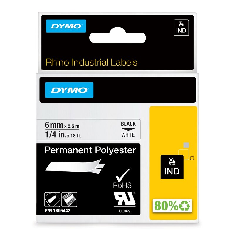 Tape til maskin, RHINO PERM.POLY. 6MM SORT/HVIT - Bilde 1