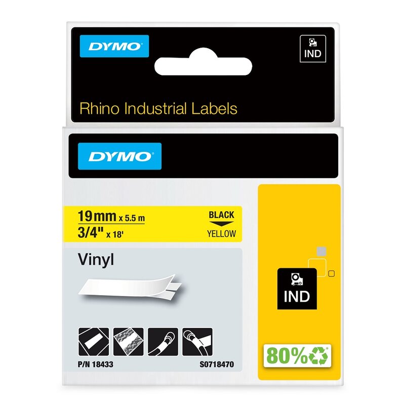 Tape til maskin, RHINO  PERMANENT VINYL 19MM SORT/GUL - Bilde 1