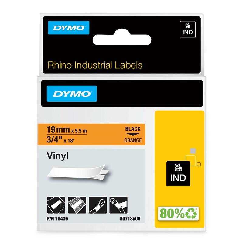 Tape til maskin, RHINO PERM.VINYL 19MM SORT/ORANGE - Bilde 1