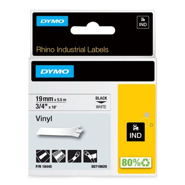 Tape til maskin, RHINO PERM.VINYL 19MM SORT/HVIT