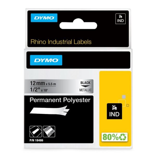 Tape til maskin, RHINO PERM.POLY. 12MM SORT/METALL