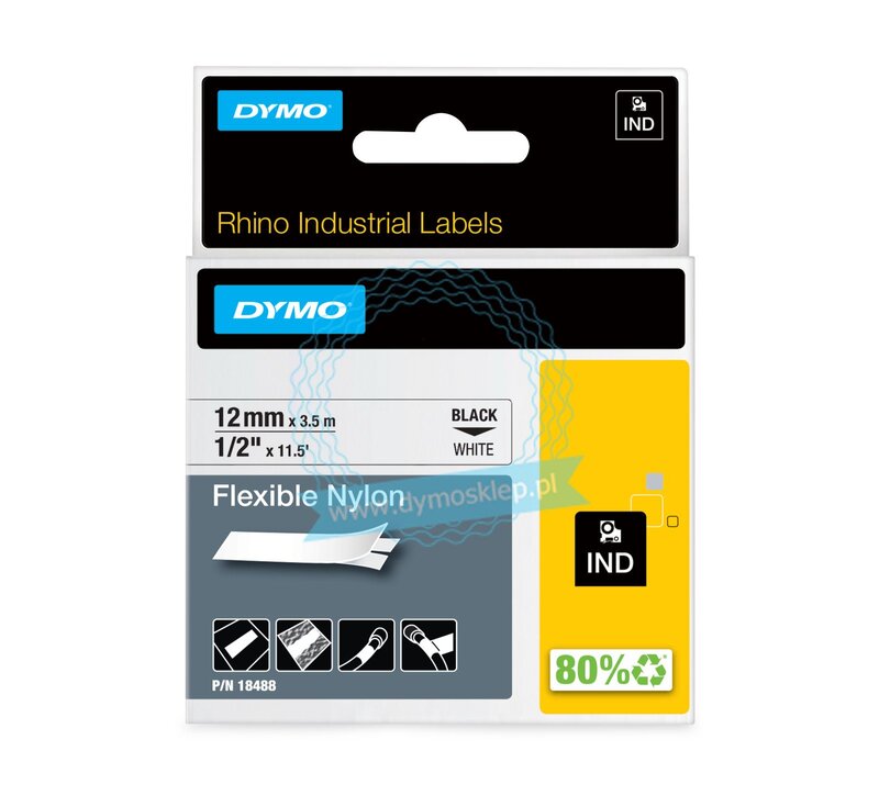 Tape til maskin, RHINO FLEKSIBEL NYLON 12MM SORT/HVIT - Bilde 1