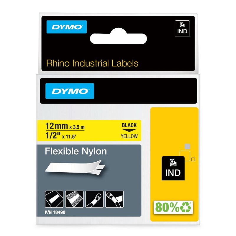 Tape til maskin, RHINO FLEKSIBEL NYLON 12MM SORT/GUL - Bilde 1