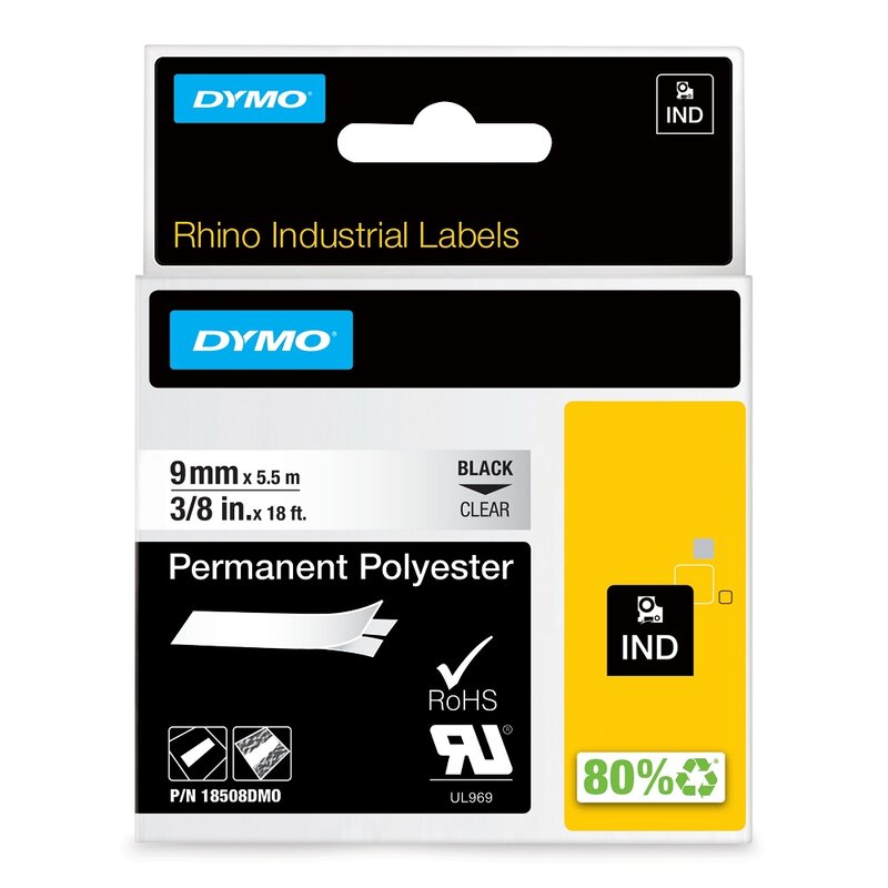 Tape til maskin, RHINO PERM.POLY. 9MM SORT/KLAR - Bilde 1