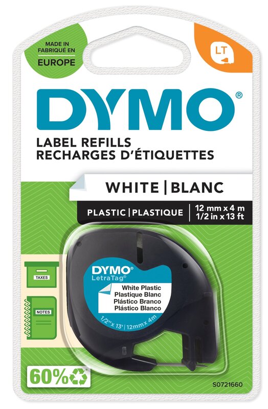 Tape til maskin, DYMO® LetraTag® Tape Plastic 12mm x 4m (black on white) 1-bl