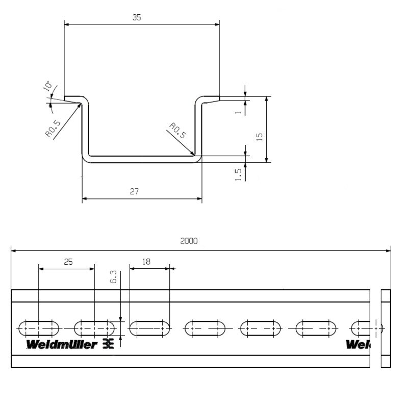 Din-skinner, TS 35X15/6X18 2M/ST/ZN - Bilde 2