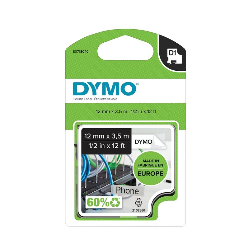 Tape til maskin, D1 F.NYLON 12MM SORT/HVIT - Bilde 1