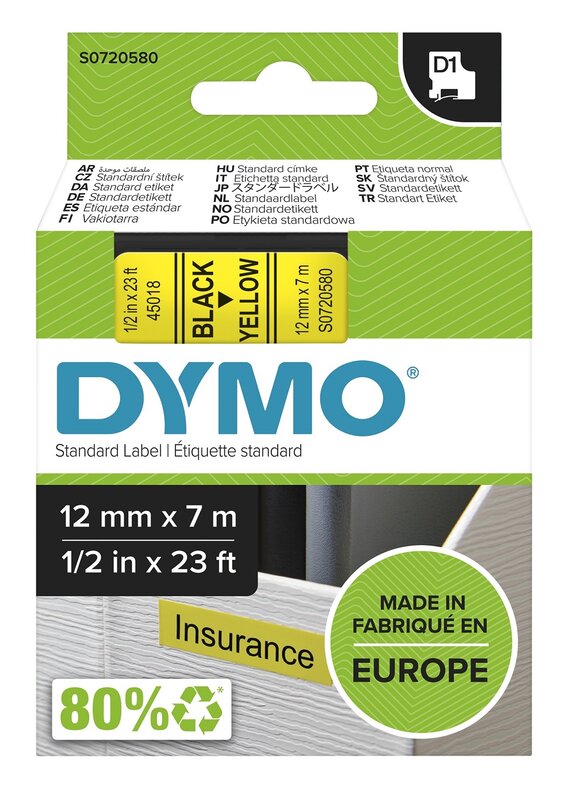 Tape til maskin, D1 12MM SORT/GUL