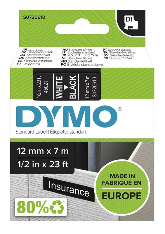 Tape til maskin, D1 12MM HVIT/SORT