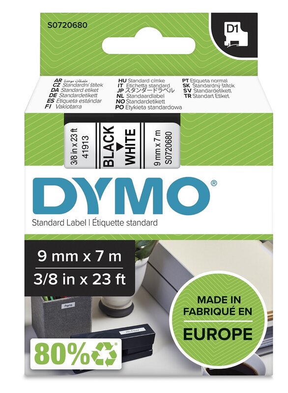 Tape til maskin, D1 9MM SORT/HVIT