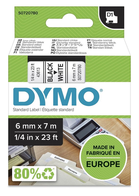 Tape til maskin, D1 6MM SORT/HVIT