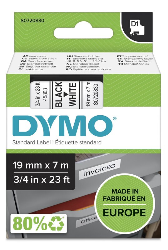 Tape til maskin, D1 19MM SORT/HVIT