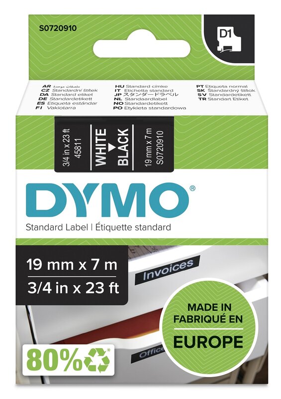 Tape til maskin, D1 19MM HVIT/SORT