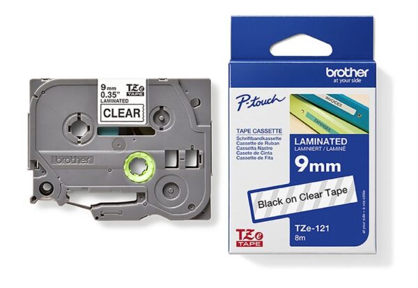 Tape til maskin, TZE121 9MM TAPE SORT PÅ KLAR