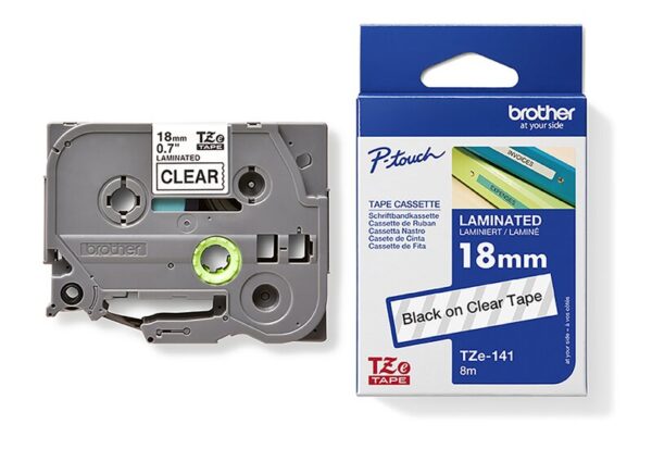 Tape til maskin, TZE141 18MM TAPE SORT PÅ KLAR