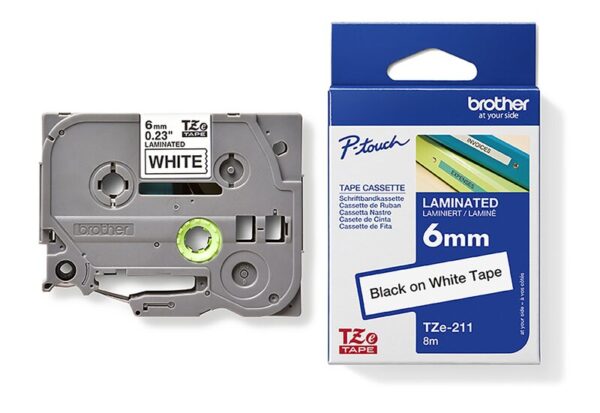 Tape til maskin, TZE211  6MM TAPE SORT PÅ HVIT
