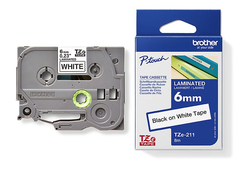 Tape til maskin, TZE211  6MM TAPE SORT PÅ HVIT - Bilde 1