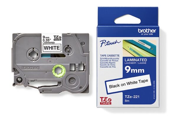 Tape til maskin, TZE221  9MM TAPE SORT PÅ HVIT