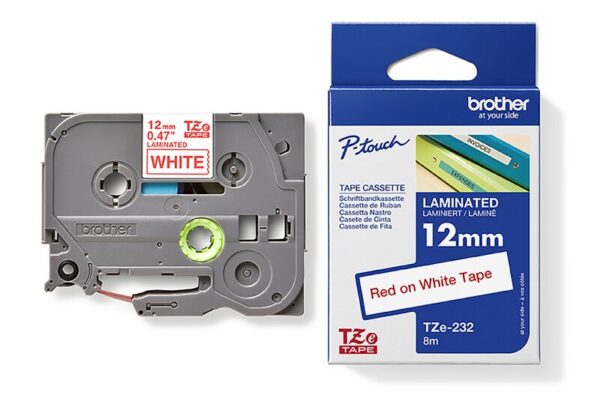 Tape til maskin, TZE232 12MM TAPE RØD  PÅ HVIT