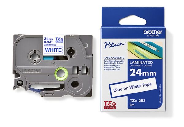 Tape til maskin, TZE253 24MM TAPE BLÅ PÅ HVIT