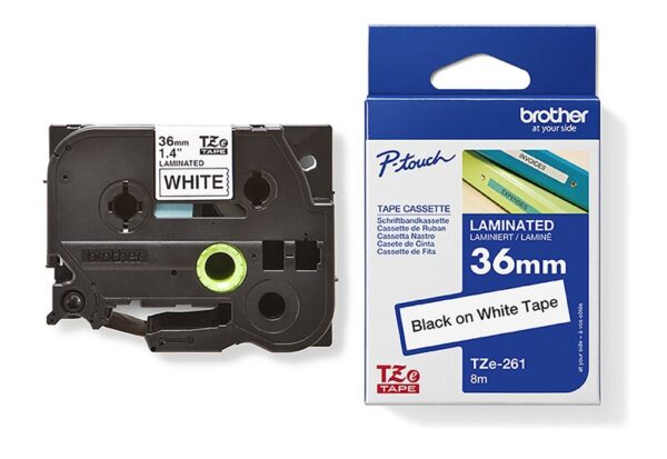 Tape til maskin, TZE261 36MM TAPE SORT PÅ HVIT