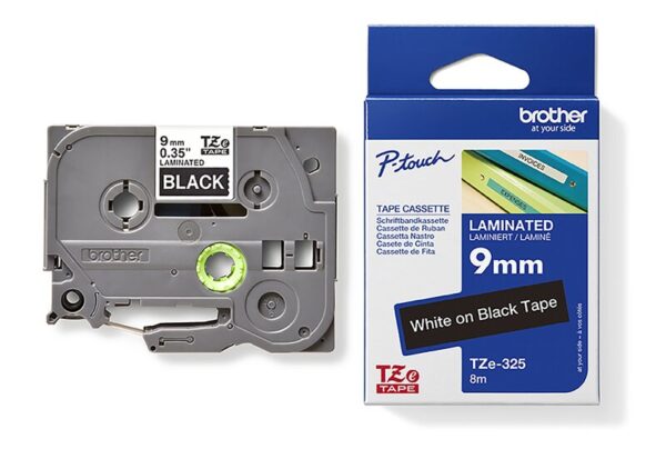 Tape til maskin, TZE325  9MM TAPE HVIT PÅ SORT