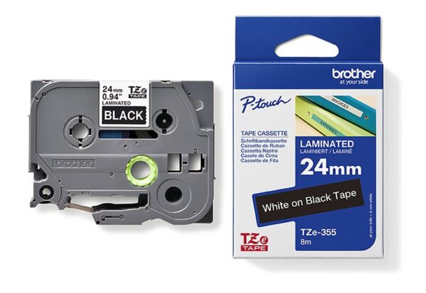 Tape til maskin, TZE355 24MM TAPE HVIT PÅ SORT