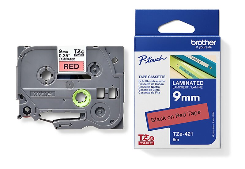 Tape til maskin, TZE421  9MM TAPE SORT PÅ RØD - Bilde 1