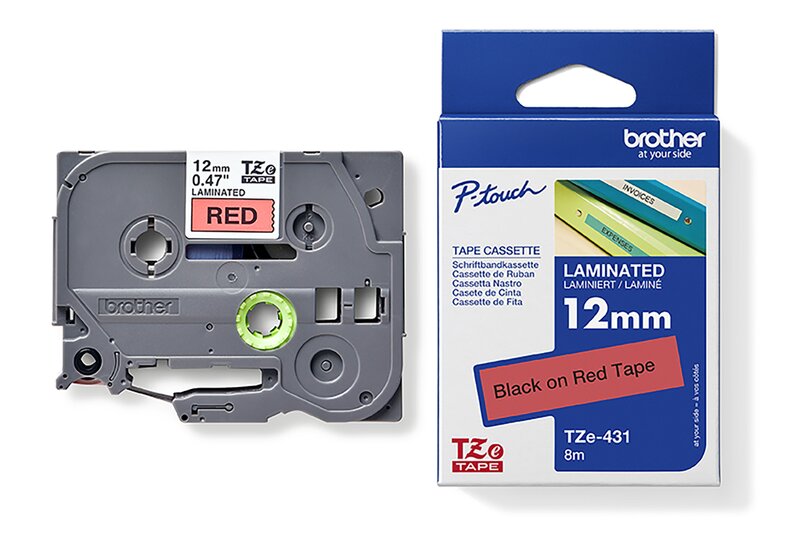 Tape til maskin, TZE431 12MM TAPE SORT PÅ RØD - Bilde 1