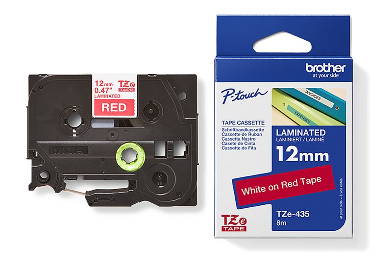 Tape til maskin, TZE435 12MM TAPE HVIT PÅ RØD - Bilde 1
