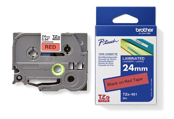 Tape til maskin, TZE451 24MM TAPE SORT PÅ RØD