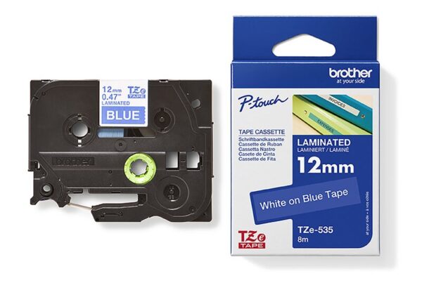 Tape til maskin, TZE535 12MM TAPE HVIT PÅ BLÅ
