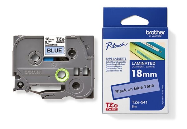 Tape til maskin, TZE541 18MM TAPE SORT PÅ BLÅ