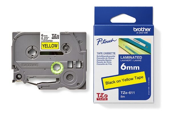 Tape til maskin, TZE611 6MM TAPE SORT PÅ GUL