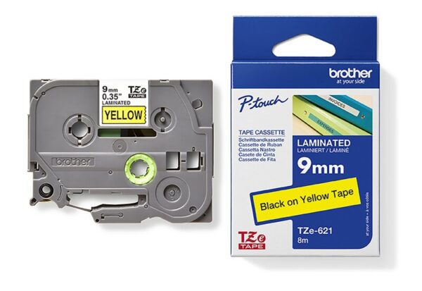Tape til maskin, TZE621  9MM TAPE SORT PÅ GUL
