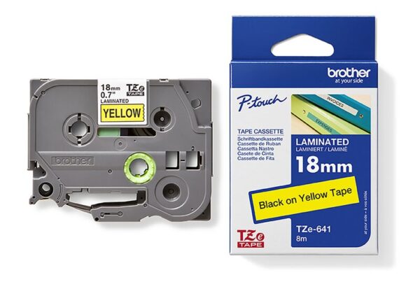 Tape til maskin, TZE641 18MM TAPE SORT PÅ GUL