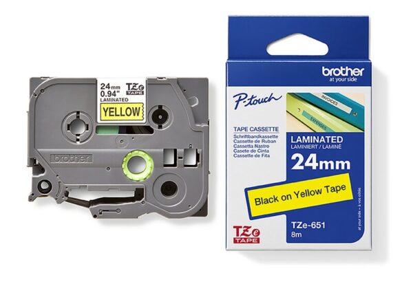 Tape til maskin, TZE651 24MM TAPE SORT PÅ GUL