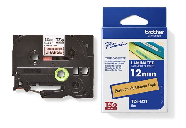 Tape til maskin, TZEB31 12MM TAPE SORT/FLU.ORANG