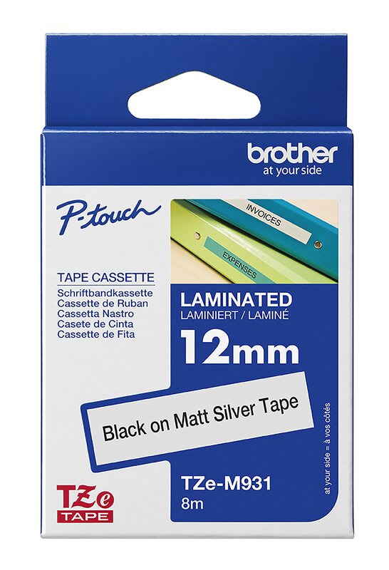 Tape til maskin, TZEM931 12 mm TAPE SORT PÅ SØLV