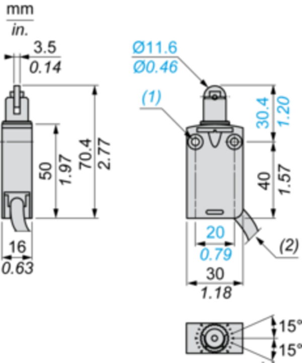 Endebryter, Endebryter XC Standard, XCMD, stålrullestempel, 1NC+1 NO, snap, 1 m